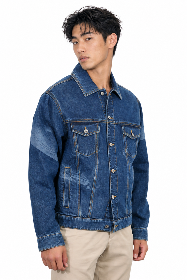 Valentino Men's Distressed Washed Denim Trucker Jacket in Medium Blue