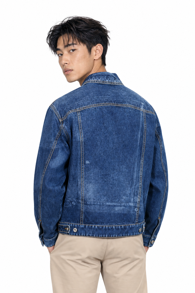 Valentino Men's Distressed Washed Denim Trucker Jacket in Medium Blue