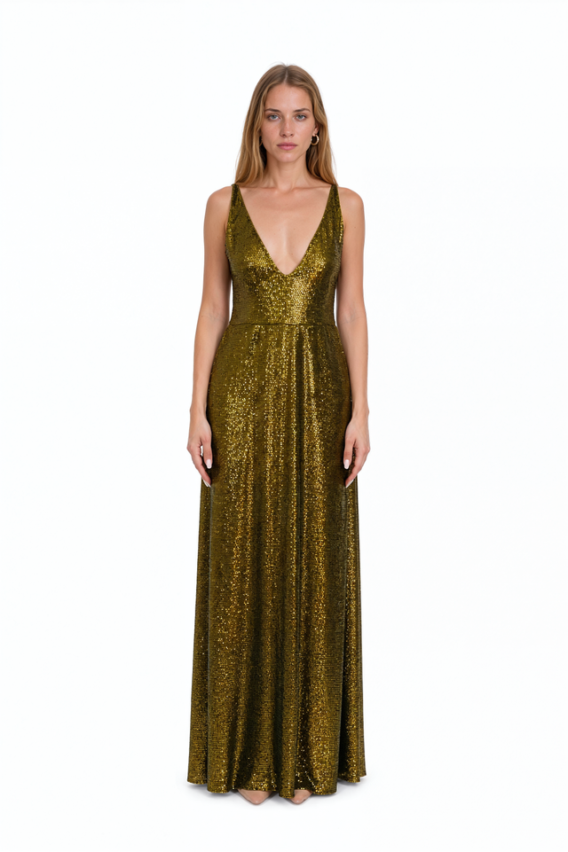 Valentino bronze sequin slip gown with deep V-neckline and narrow straps – front view