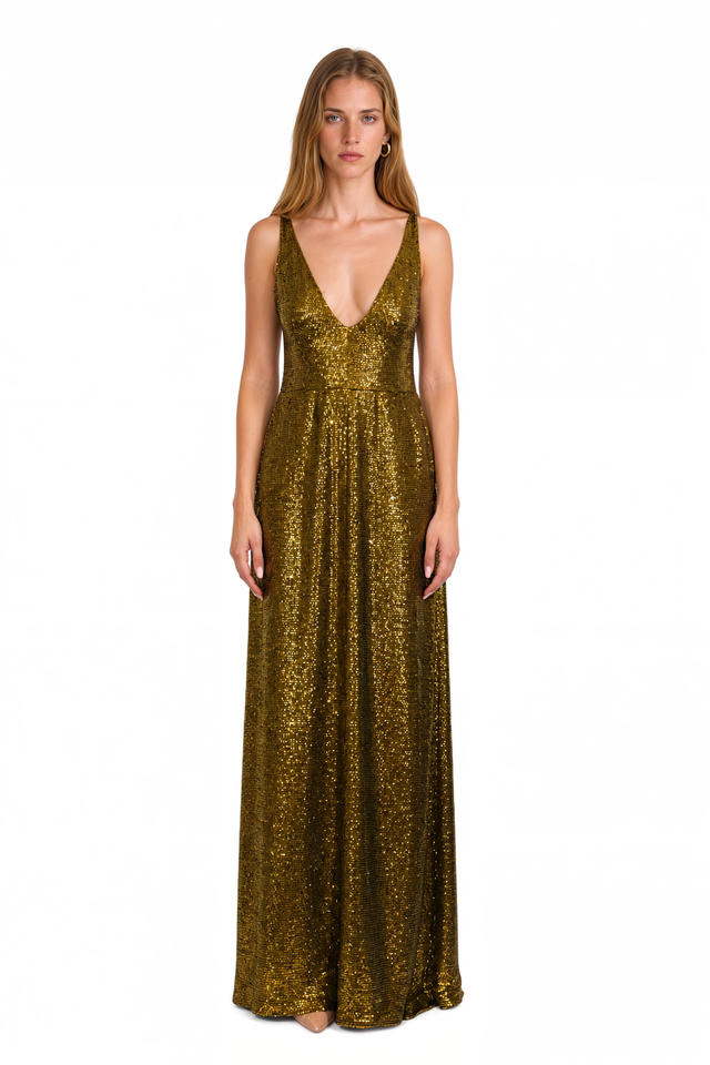 Valentino Sequin Slip Gown – Bronze V-Neck Maxi Dress