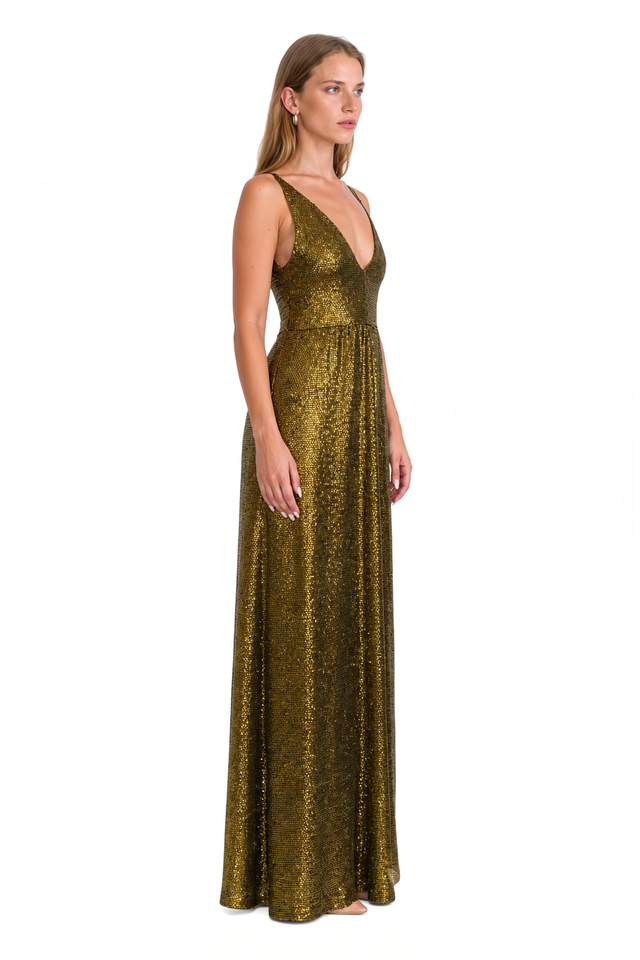 Valentino Sequin Slip Gown – Bronze V-Neck Maxi Dress