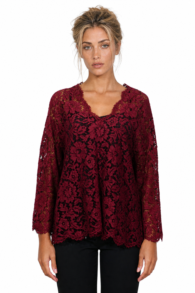 Valentino Floral Lace V-Neck Blouse in Deep Burgundy Red