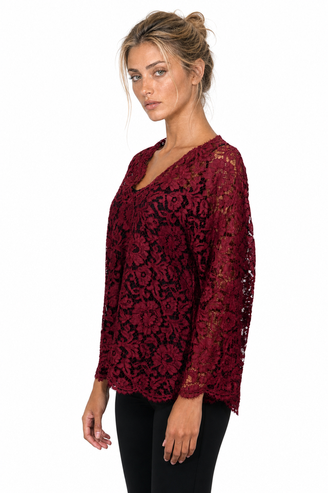 Valentino Floral Lace V-Neck Blouse in Deep Burgundy Red