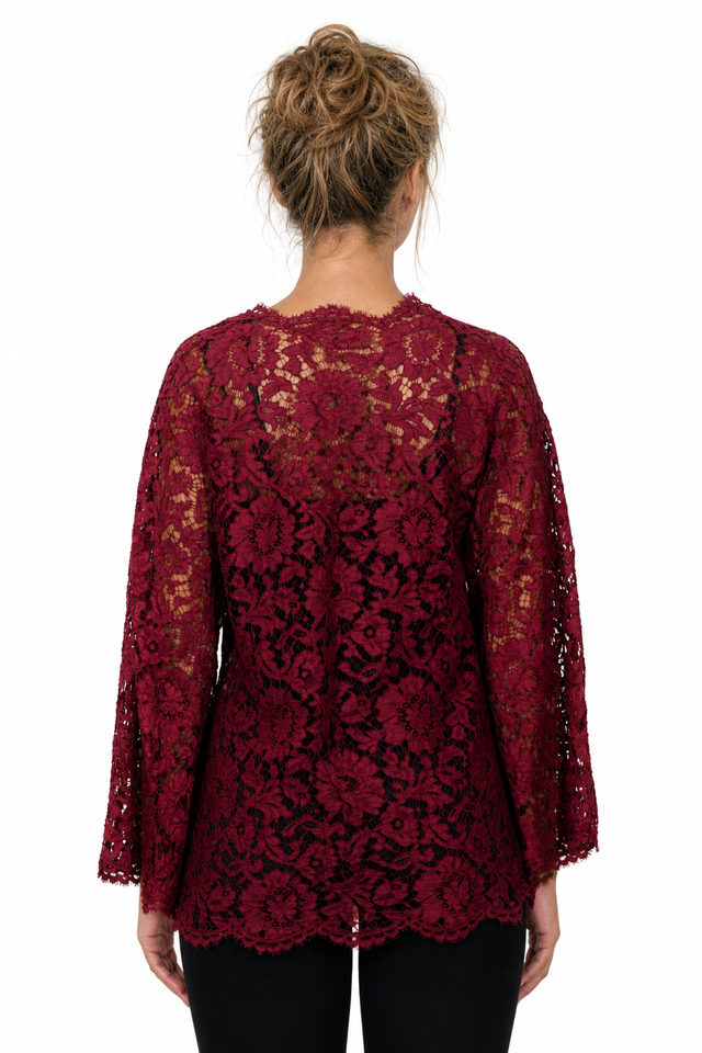 Valentino Floral Lace V-Neck Blouse in Deep Burgundy Red