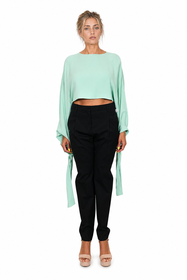 Valentino Garavani Tie-Cuff Silk Cropped Blouse