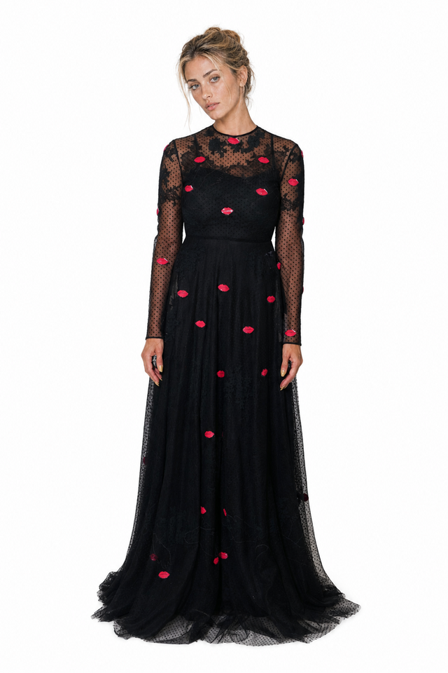 Valentino Women's Lip Embroidered Swiss-Dot Tulle Evening Gown in Black & Red