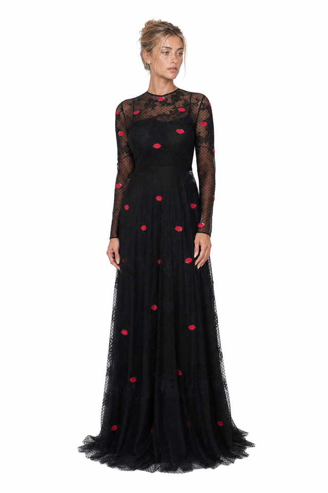 Valentino Women's Lip Embroidered Swiss-Dot Tulle Evening Gown in Black & Red