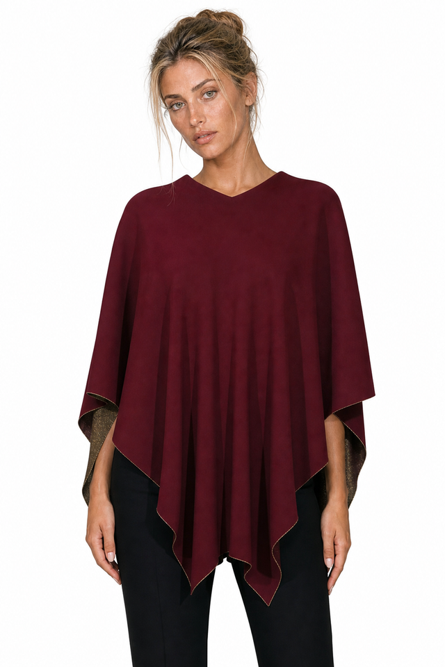 Valentino Metallic Gold-Lined Wool-Blend Poncho Top in Burgundy Red