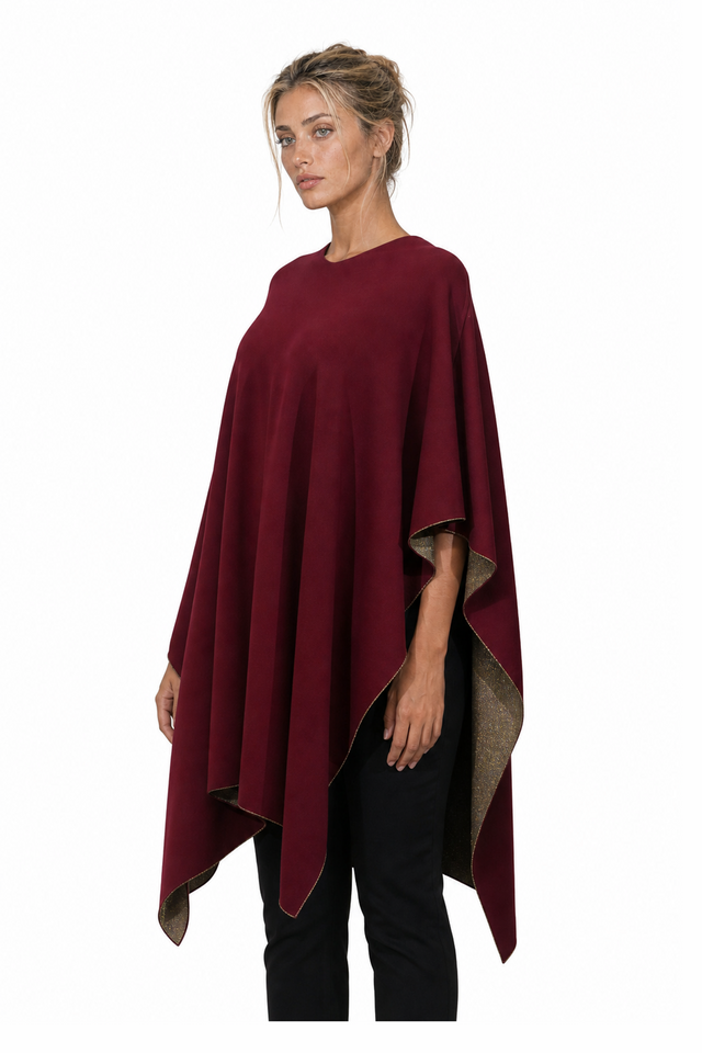 Valentino Metallic Gold-Lined Wool-Blend Poncho Top in Burgundy Red