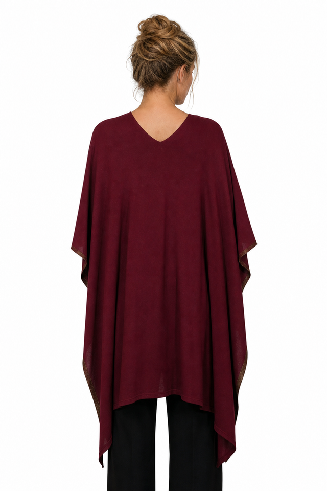 Valentino Metallic Gold-Lined Wool-Blend Poncho Top in Burgundy Red