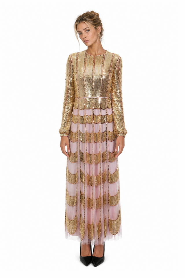Valentino Sequin-Embellished Scalloped Tulle Gown in Blush Pink & Gold