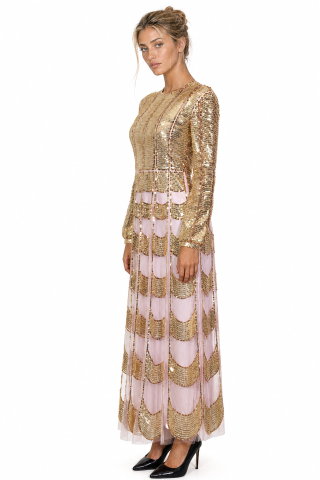 Valentino Sequin-Embellished Scalloped Tulle Gown in Blush Pink & Gold