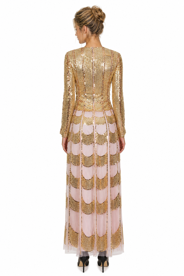Valentino Sequin-Embellished Scalloped Tulle Gown in Blush Pink & Gold