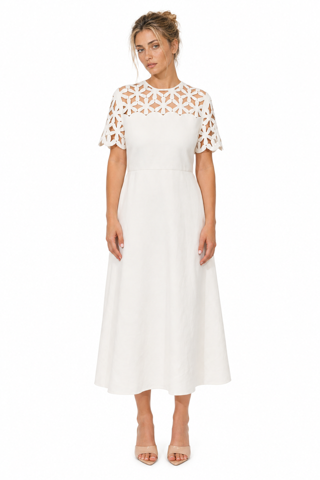 Valentino Laser-Cut Cutout Yoke A-Line Midi Dress