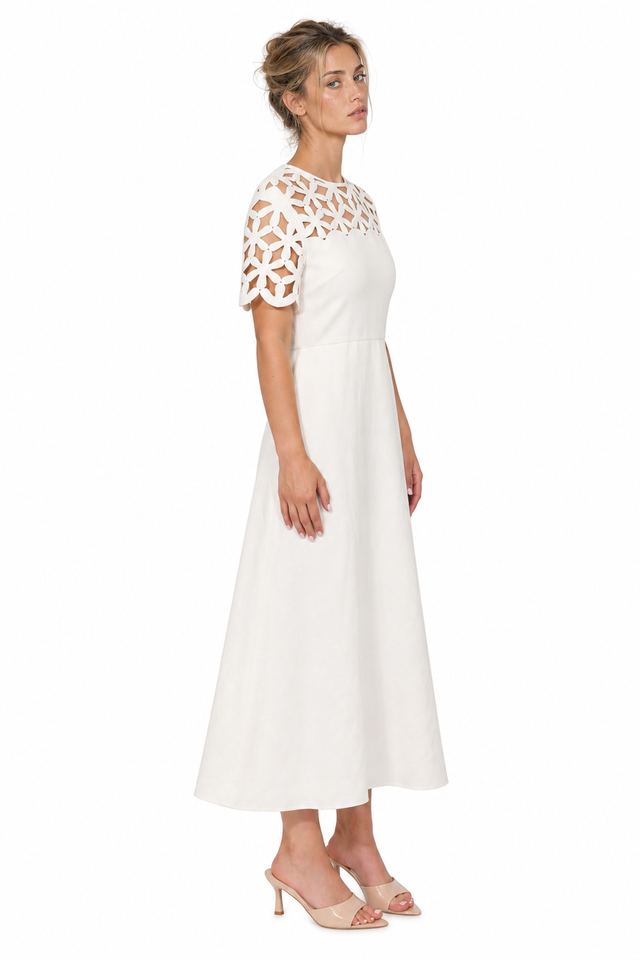 Valentino Laser-Cut Cutout Yoke A-Line Midi Dress