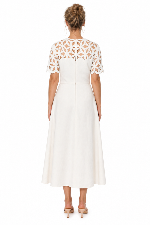 Valentino Laser-Cut Cutout Yoke A-Line Midi Dress