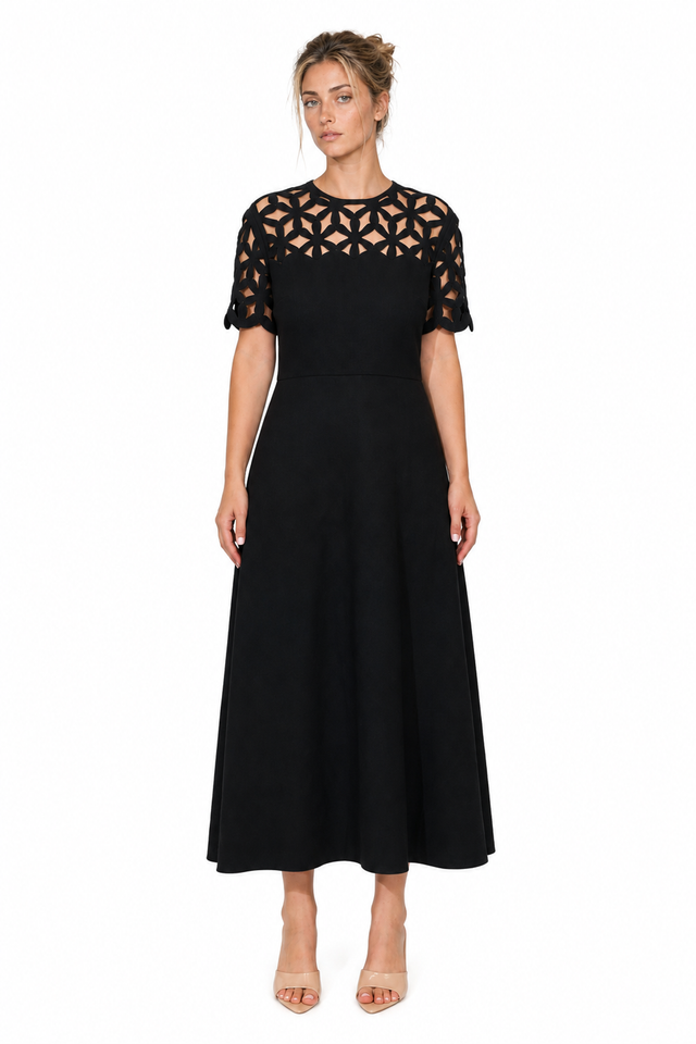 Valentino Laser-Cut Cutout Yoke A-Line Midi Dress