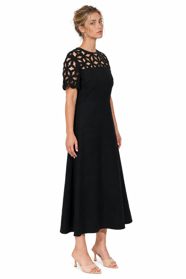 Valentino Laser-Cut Cutout Yoke A-Line Midi Dress