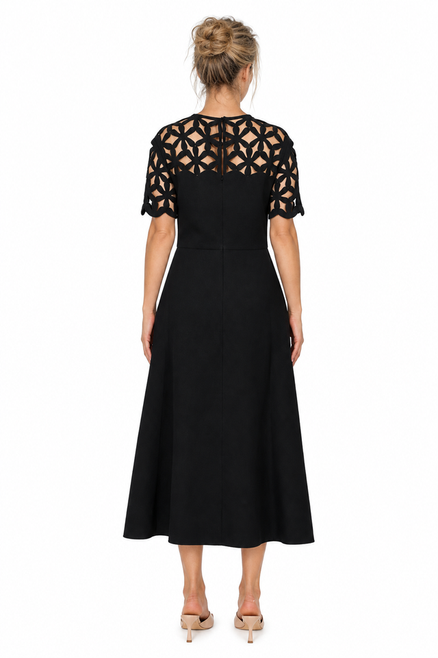 Valentino Laser-Cut Cutout Yoke A-Line Midi Dress