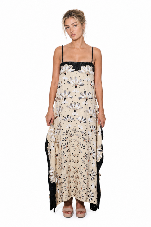 Valentino Mirror-Embellished Sequin Cami Gown in Sand & Black