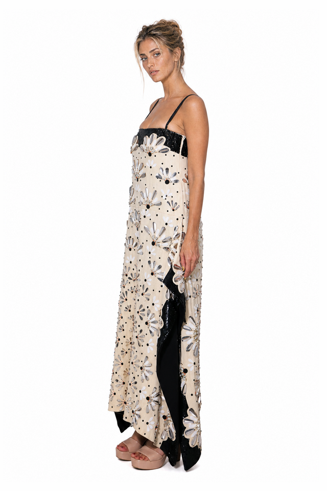 Valentino Mirror-Embellished Sequin Cami Gown in Sand & Black