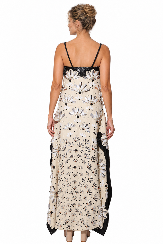 Valentino Mirror-Embellished Sequin Cami Gown in Sand & Black