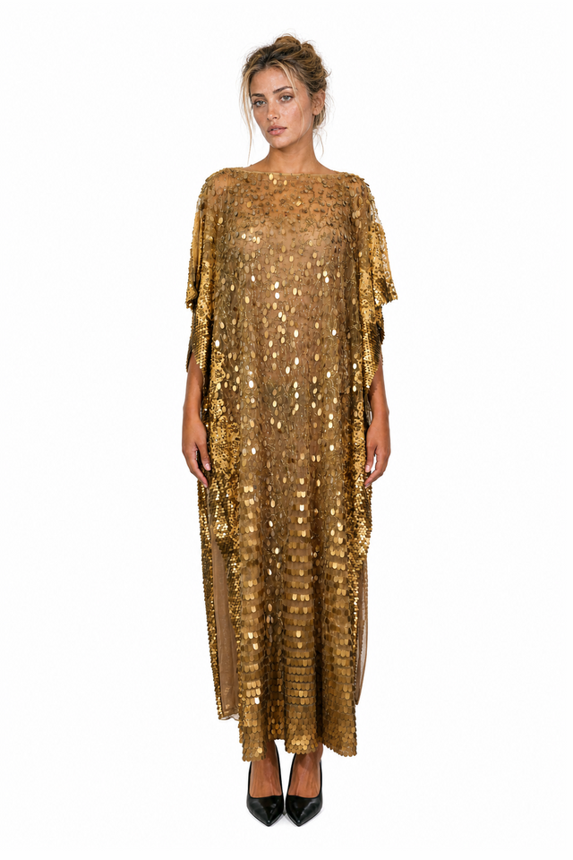 Valentino Sequin-Embellished Silk Tulle Kaftan Evening Gown in Antique Gold & Bronze