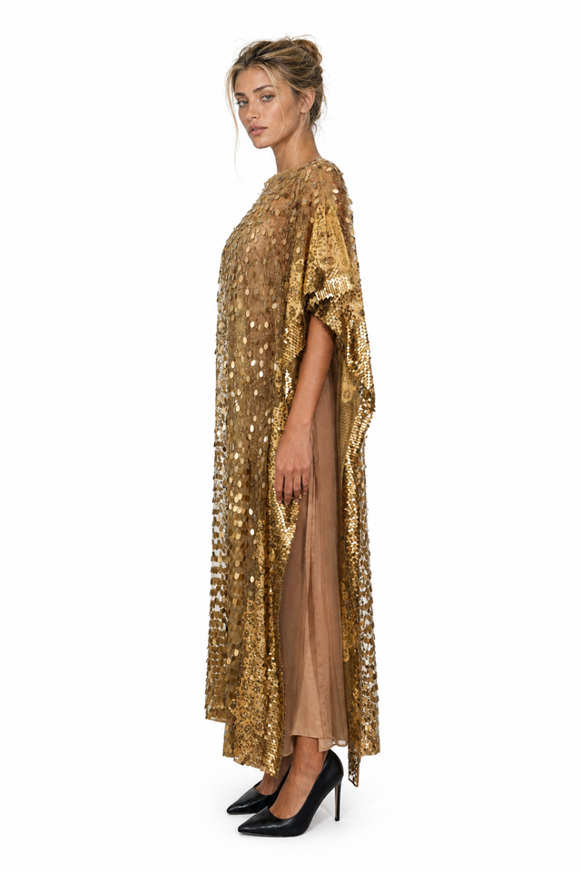 Valentino Sequin-Embellished Silk Tulle Kaftan Evening Gown in Antique Gold & Bronze