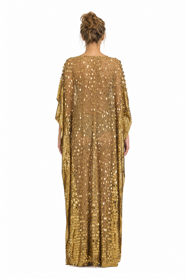 Valentino Sequin-Embellished Silk Tulle Kaftan Evening Gown in Antique Gold & Bronze