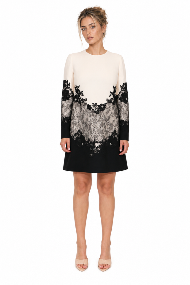 Valentino Lace-Inlaid Crepe Mini Dress