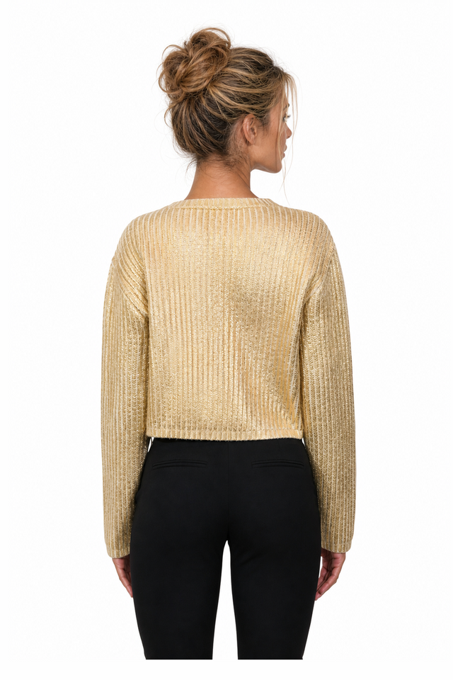 Valentino Metallic Metallic Ribbed Cropped Sweater in Pale Gold