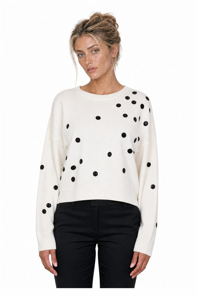 Valentino Sequin Polka-Dot Virgin Wool-Silk Sweater in Ivory White & Black