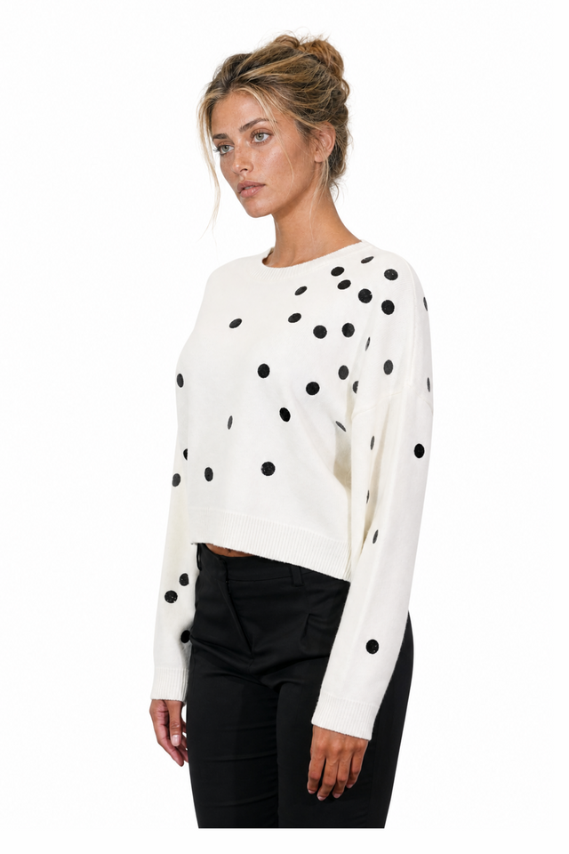 Valentino Sequin Polka-Dot Virgin Wool-Silk Sweater in Ivory White & Black