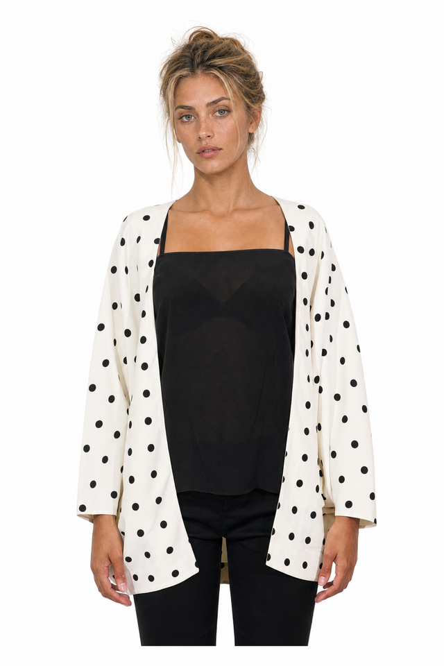 Valentino Polka-Dot Silk Cady Open-Front Kimono Jacket in Ivory White & Black