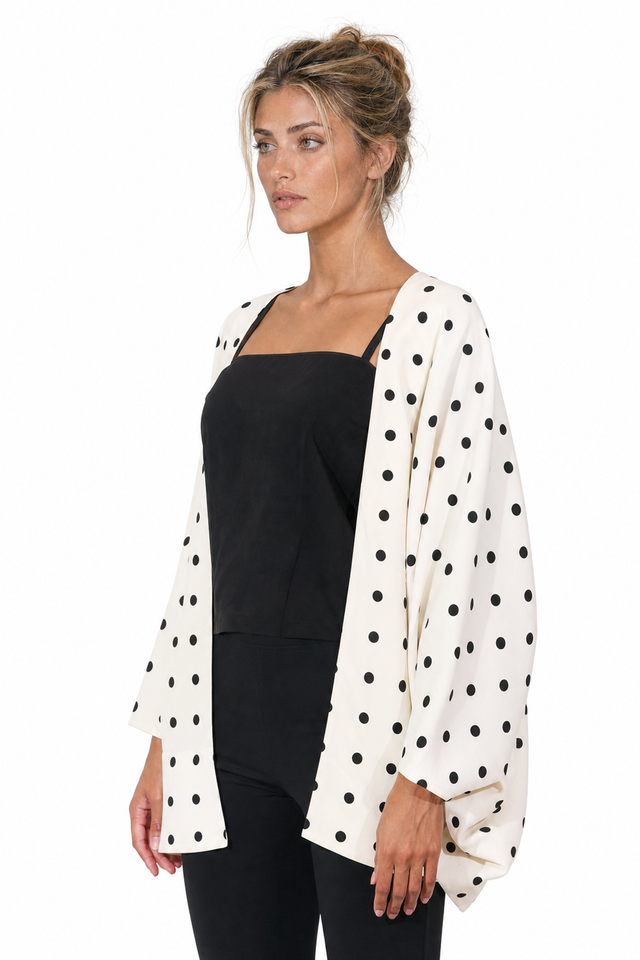 Valentino Polka-Dot Silk Cady Open-Front Kimono Jacket in Ivory White & Black