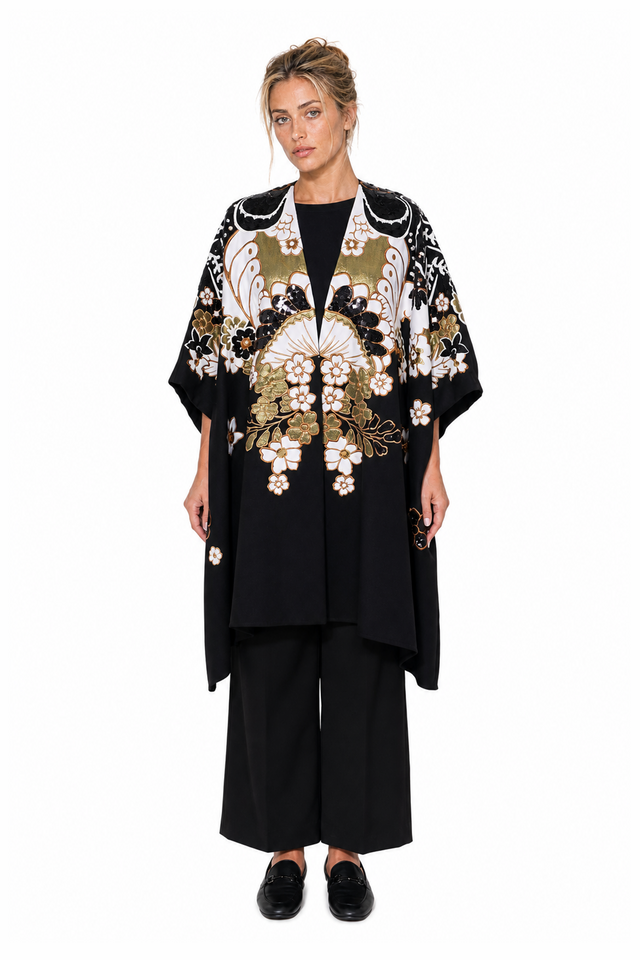 Valentino Oriental Floral Sequin & Bead Embroidered Silk Kimono Cape in Black Multi