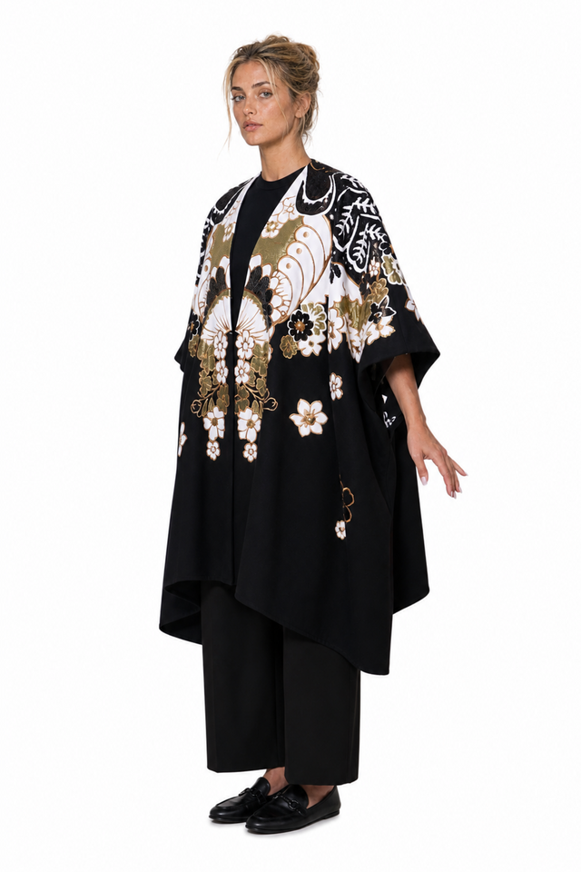 Valentino Oriental Floral Sequin & Bead Embroidered Silk Kimono Cape in Black Multi