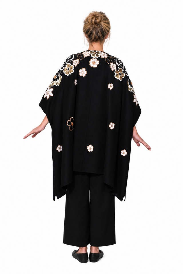 Valentino Oriental Floral Sequin & Bead Embroidered Silk Kimono Cape in Black Multi