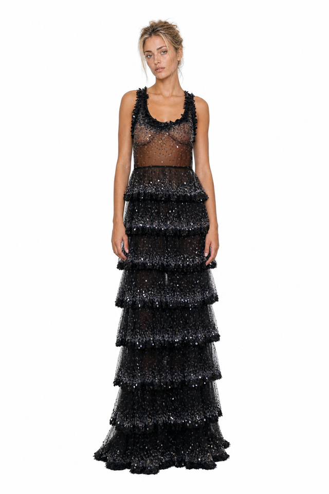Valentino Sequin-Embellished Tiered Tulle Scoop-Neck Evening Gown in Jet Black
