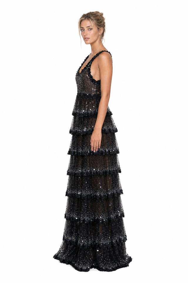 Valentino Sequin-Embellished Tiered Tulle Scoop-Neck Evening Gown in Jet Black
