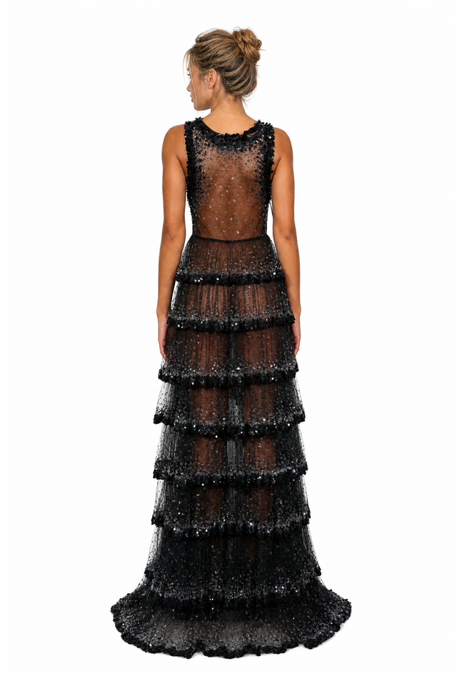 Valentino Sequin-Embellished Tiered Tulle Scoop-Neck Evening Gown in Jet Black