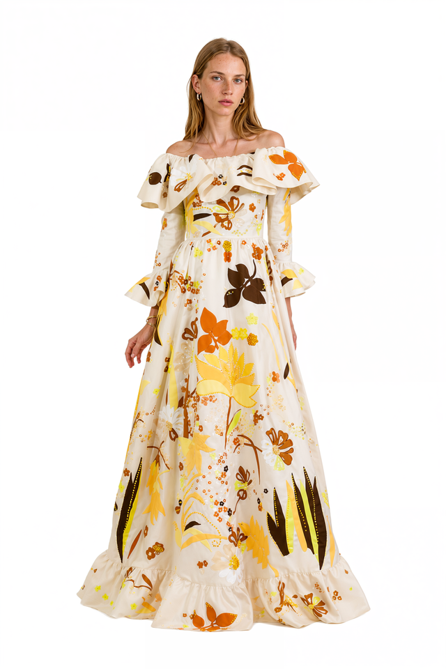 Valentino ivory taffeta off-the-shoulder gown with marigold floral applique and ruffled bell cuffs
