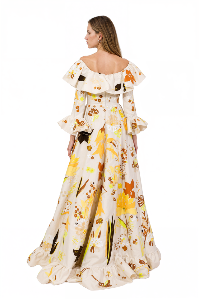 Valentino ivory taffeta off-the-shoulder gown with marigold floral applique and ruffled bell cuffs
