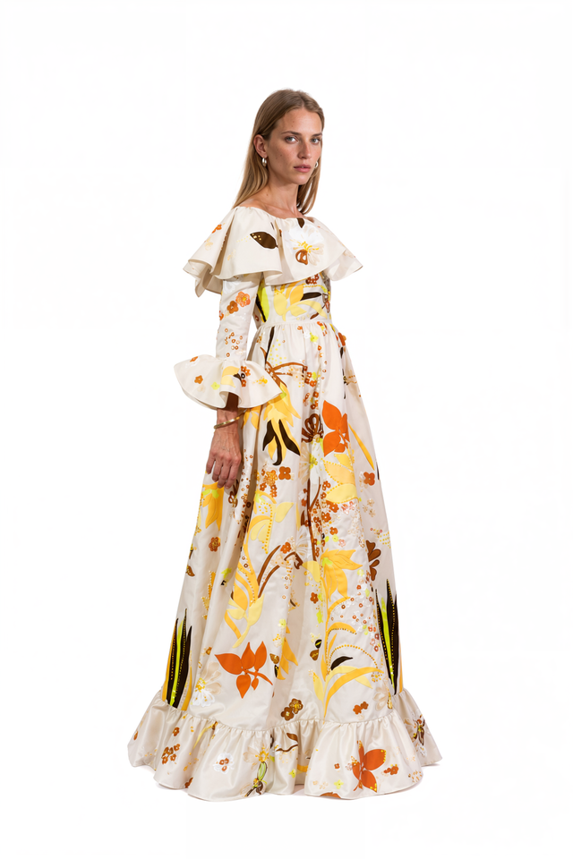 Valentino ivory taffeta off-the-shoulder gown with marigold floral applique and ruffled bell cuffs