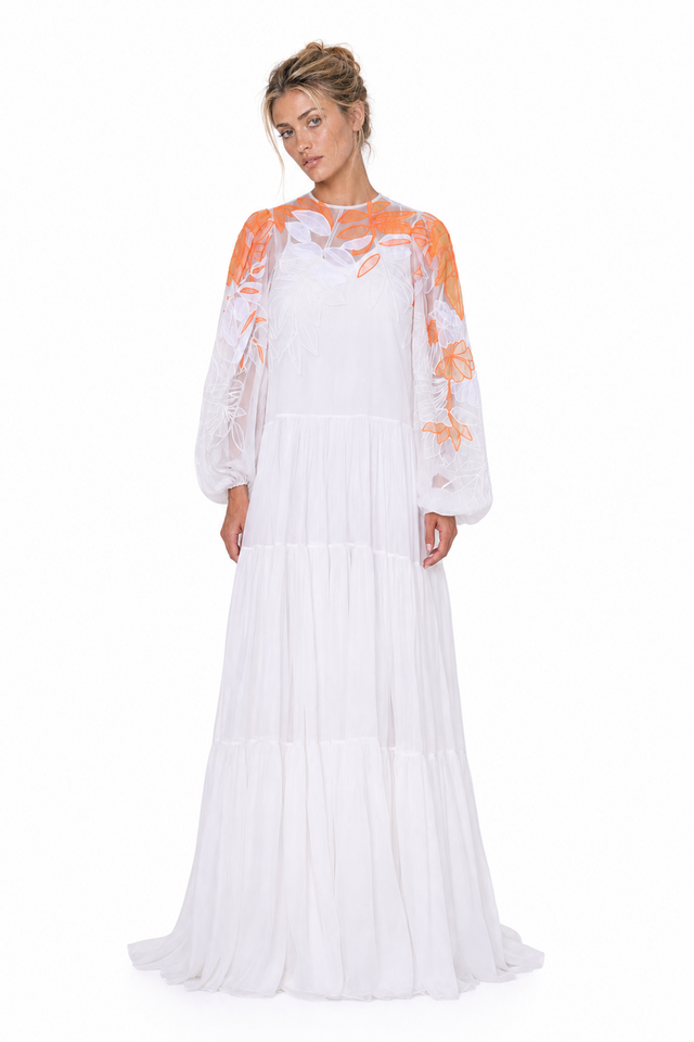 Valentino Women's Floral Embroidered Tiered Silk Chiffon Maxi Gown in White & Orange