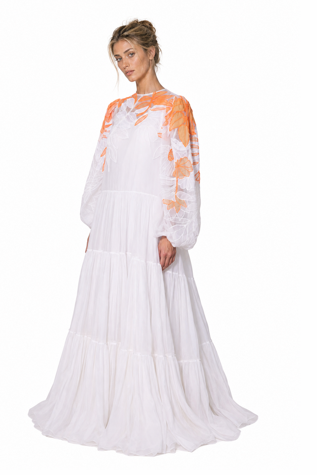 Valentino Women's Floral Embroidered Tiered Silk Chiffon Maxi Gown in White & Orange