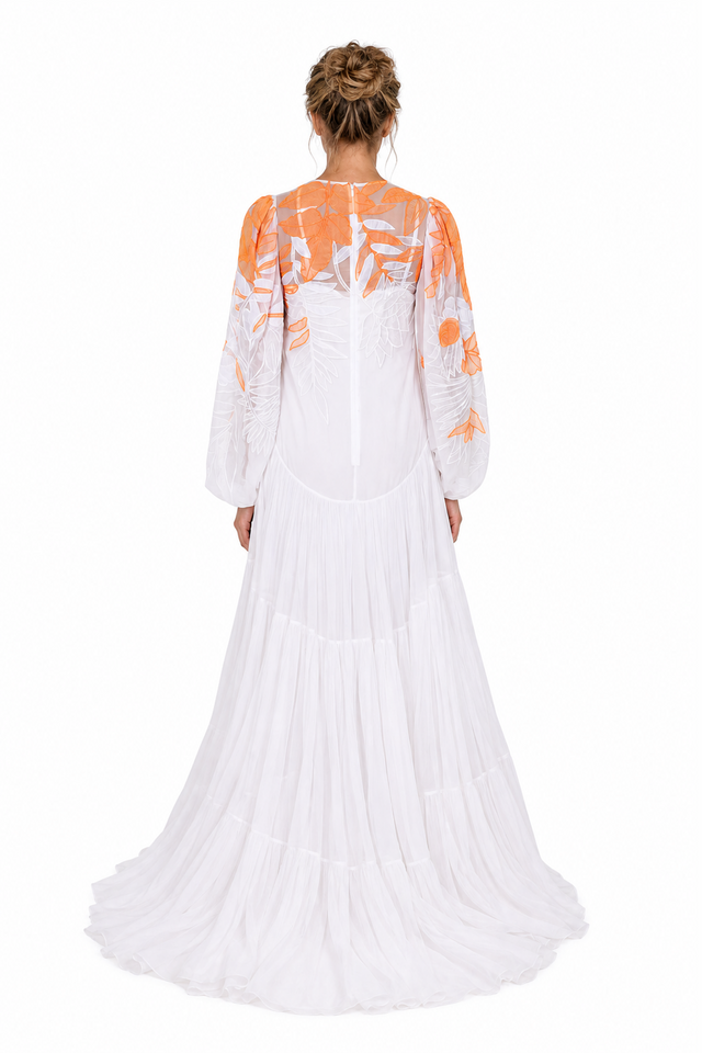 Valentino Women's Floral Embroidered Tiered Silk Chiffon Maxi Gown in White & Orange