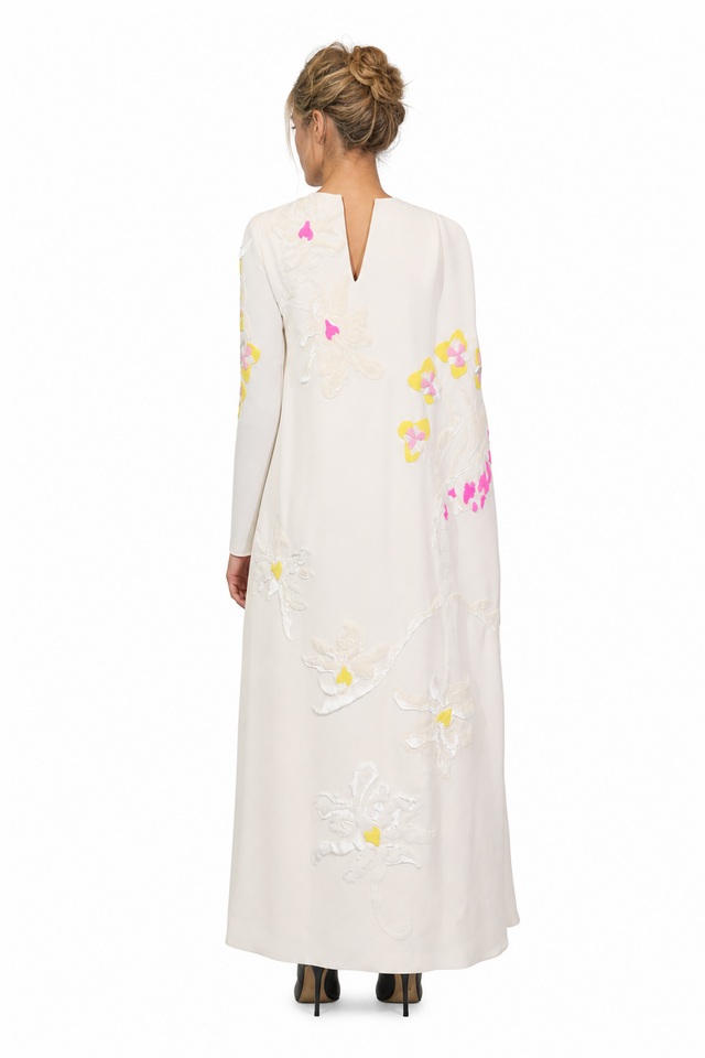 Valentino Floral Cady Cape-Back Evening Gown in Ivory White & Neon Multi