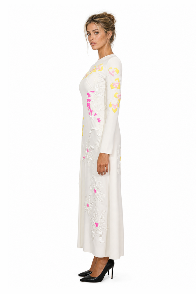 Valentino Floral Cady Cape-Back Evening Gown in Ivory White & Neon Multi