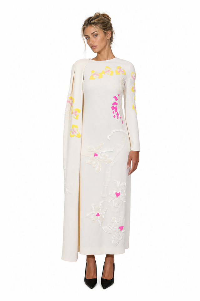 Valentino Floral Cady Cape-Back Evening Gown in Ivory White & Neon Multi